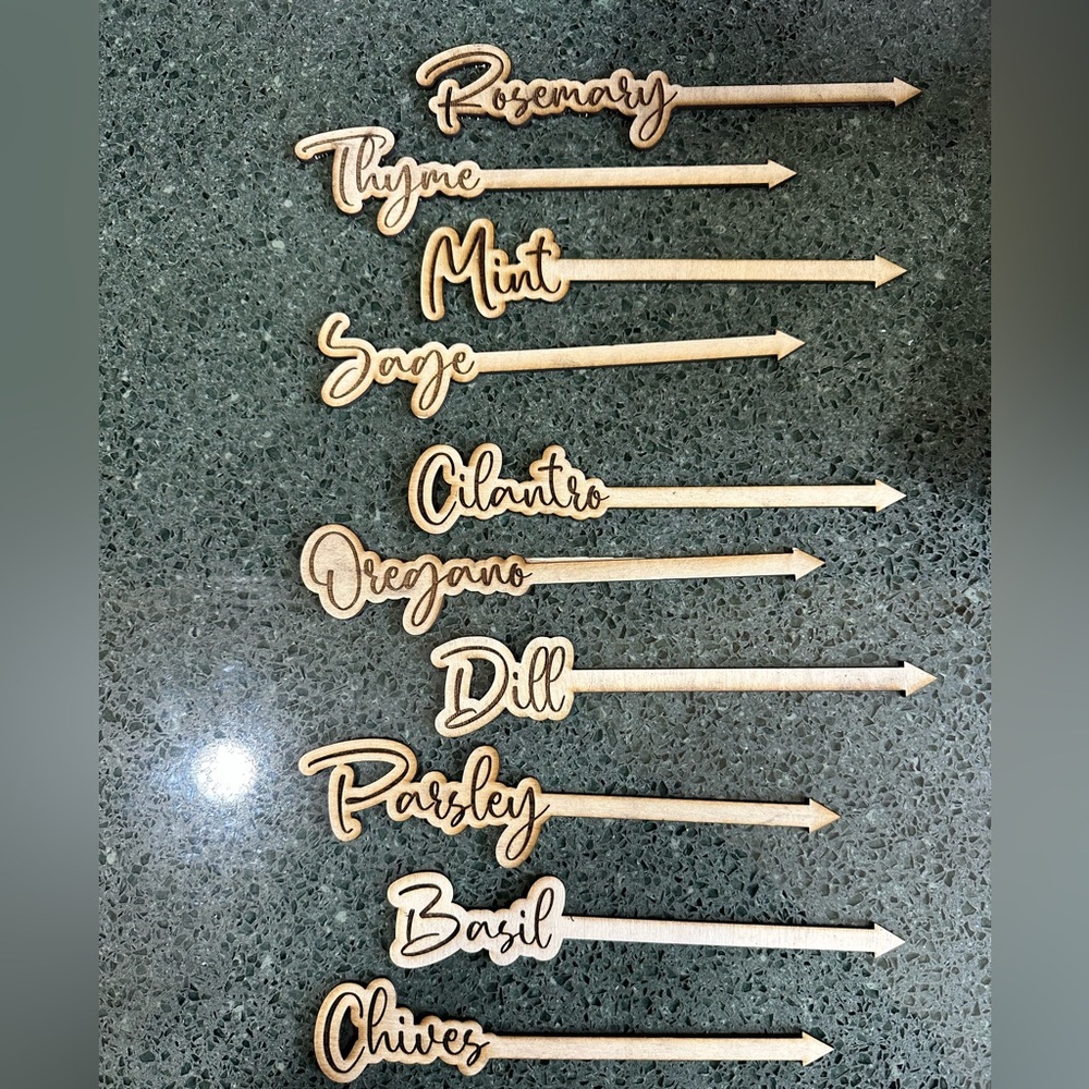 FINAL SALE Herb Plant Markers Identifiers Stakes Wooden Laser Cut Set of 10